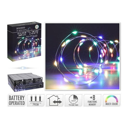 7.95 m IP44 silver wire, 160 multicolor LEDs