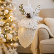 White Acorn Tree Ornament 20x7cm hanging Christmas decoration with textured design