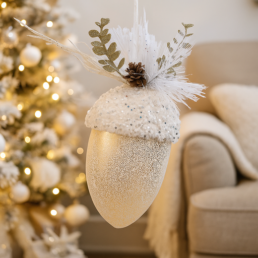 White Acorn Tree Ornament 20x7cm hanging Christmas decoration with textured design