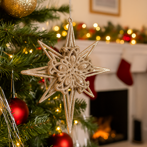 Acrylic celestial star tree ornament 13.5x13.5x2.5cm in gold glitter, adding sparkle and elegance to Christmas tree decorations.