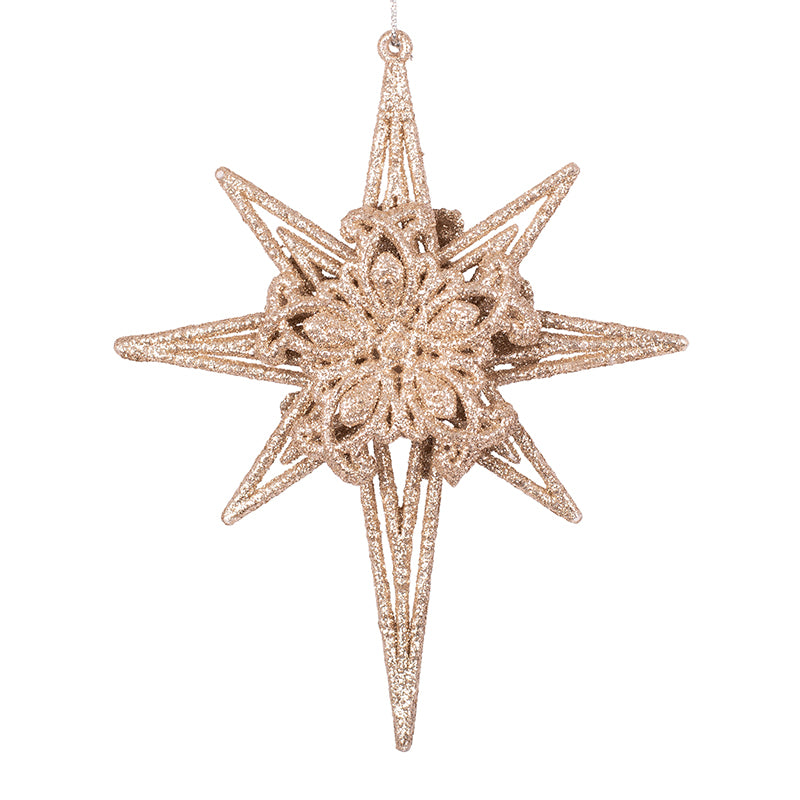 Acrylic celestial star tree ornament 13.5x13.5x2.5cm in gold glitter, adding sparkle and elegance to Christmas tree decorations.