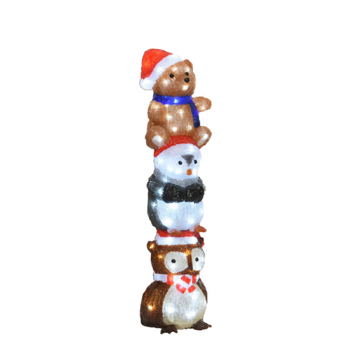 Acrylic Owl, Penguin and Bear Stacked 63cmH – illuminated LED festive animal decoration for Christmas displays