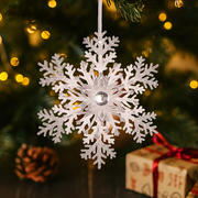 Clear acrylic snowflake ornament with silver glitter, 15cm, for Christmas tree décor