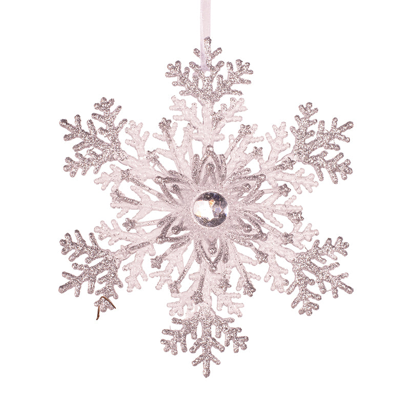 Clear acrylic snowflake ornament with silver glitter, 15cm, for Christmas tree décor