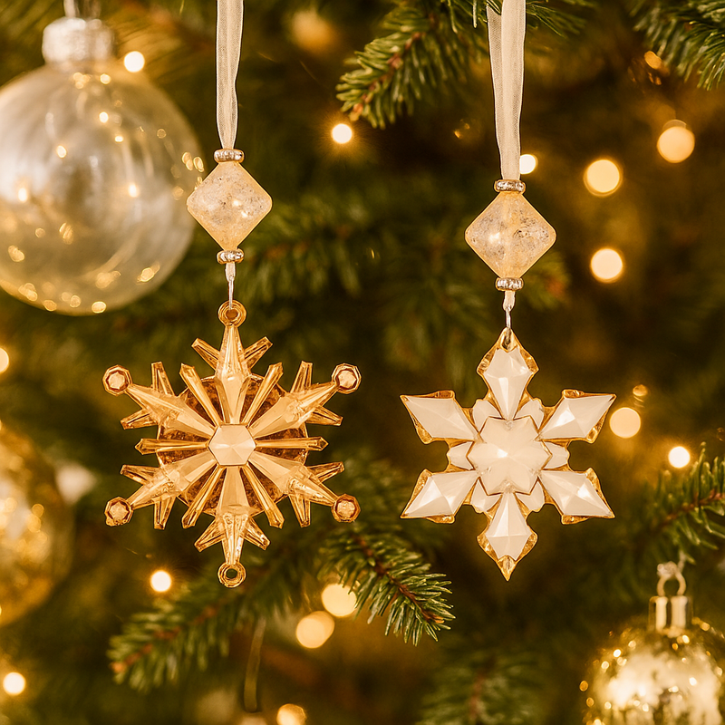 Champagne acrylic snowflake Christmas tree ornament, 11cm, assorted designs.