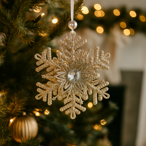 Acrylic snowflake tree ornament 12cm in champagne finish, bringing shimmer and festive charm to Christmas tree decorations.