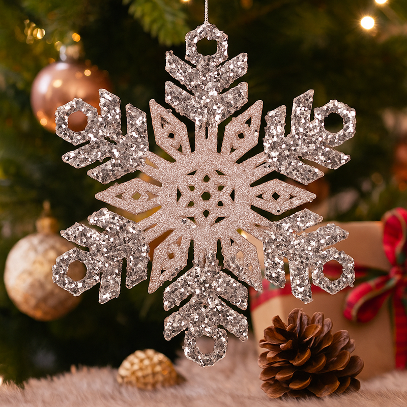 Acrylic Snowflake Tree Ornament 13.5cm Pink and Champagne Glitter Christmas Decoration