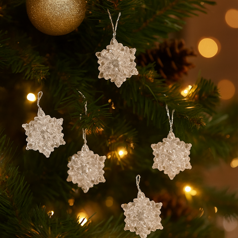 6-pack of clear acrylic snowflake decorations – assorted winter ornament designs