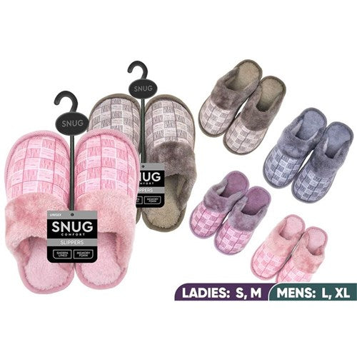 Adult checked slippers in assorted colours, cosy slip-on indoor footwear for everyday home comfort