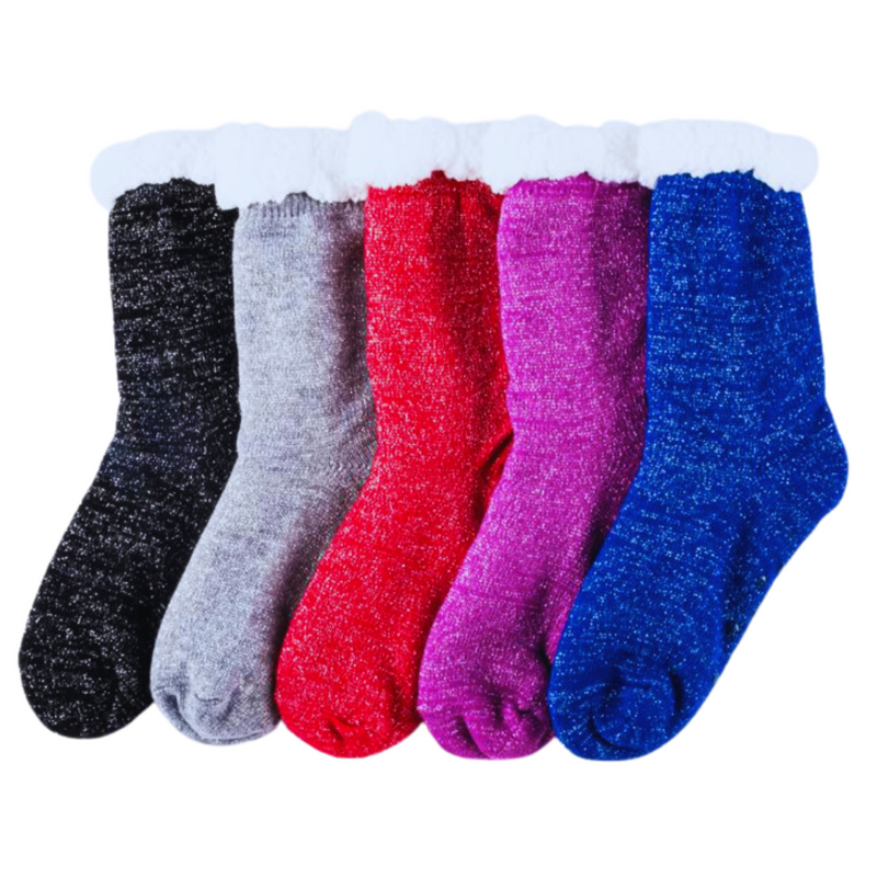 Adults heat control extra thick sherpa lined anti-slip crew socks with glitter in assorted colours