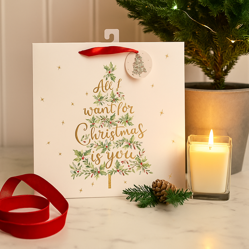 Small red Christmas gift bag with 'All I Want For Christmas Is You' text and festive design – 11.1x13.7x6.2cm