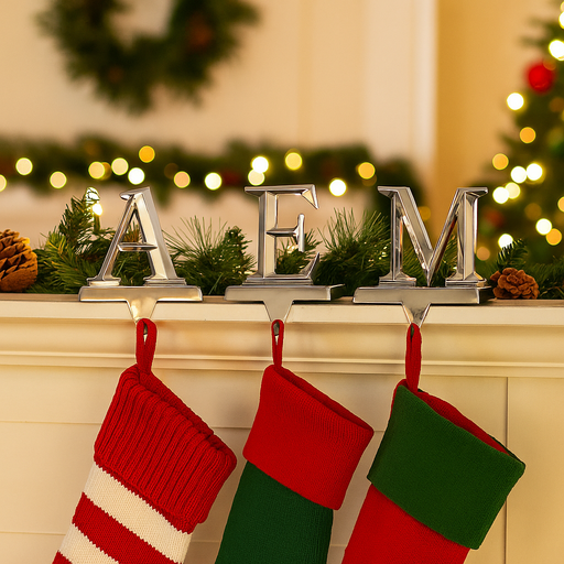 Assorted metal alphabet stocking holder for Christmas mantels