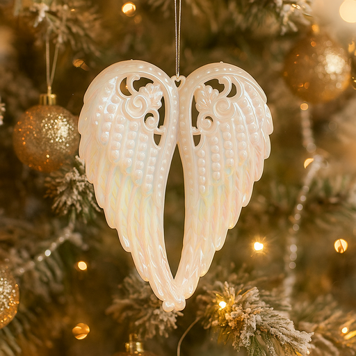 White iridescent acrylic angel wing tree ornament, 11x14.3cm, hanging on Christmas tree