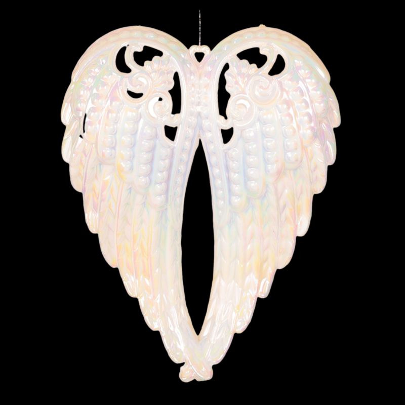 White iridescent acrylic angel wing tree ornament, 11x14.3cm, hanging on Christmas tree