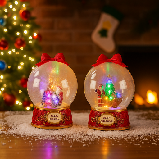 Animated LED snowglobe ornament with festive scene, swirling glitter, and Christmas music, 20.5x20.5x26.5cm