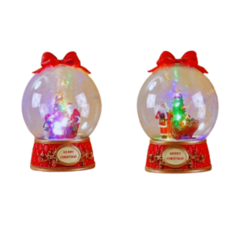 Animated LED snowglobe ornament with festive scene, swirling glitter, and Christmas music, 20.5x20.5x26.5cm