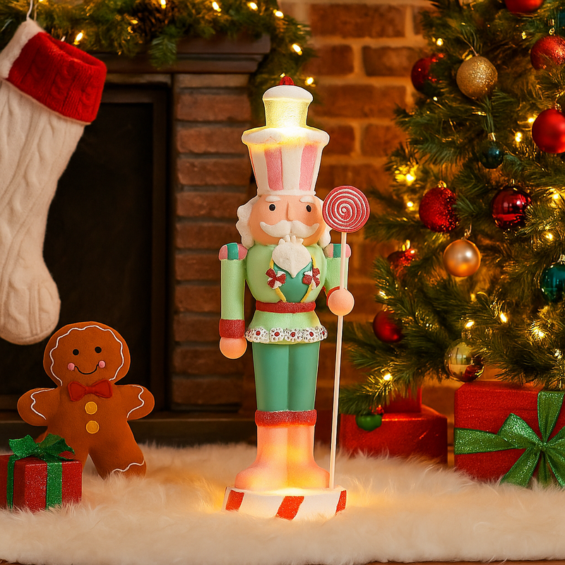 40cm animated nutcracker figure with music, battery operated, dressed in festive holiday colors