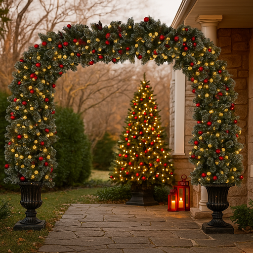 Snowy bristle Christmas archway 244cm with warm white lights for festive entrances and winter displays