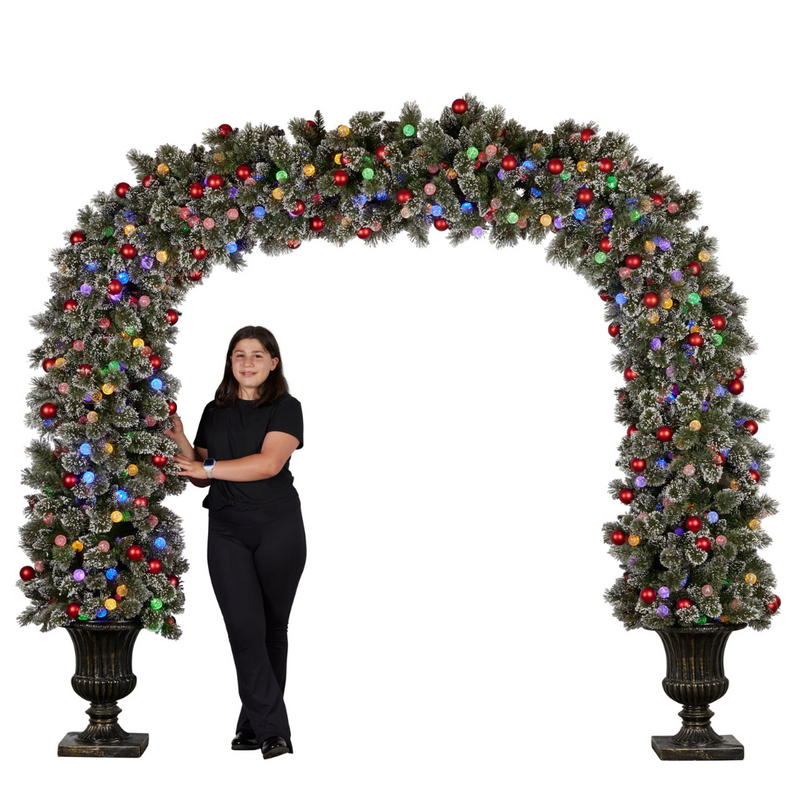 Snowy bristle Christmas archway 244cm with warm white lights for festive entrances and winter displays