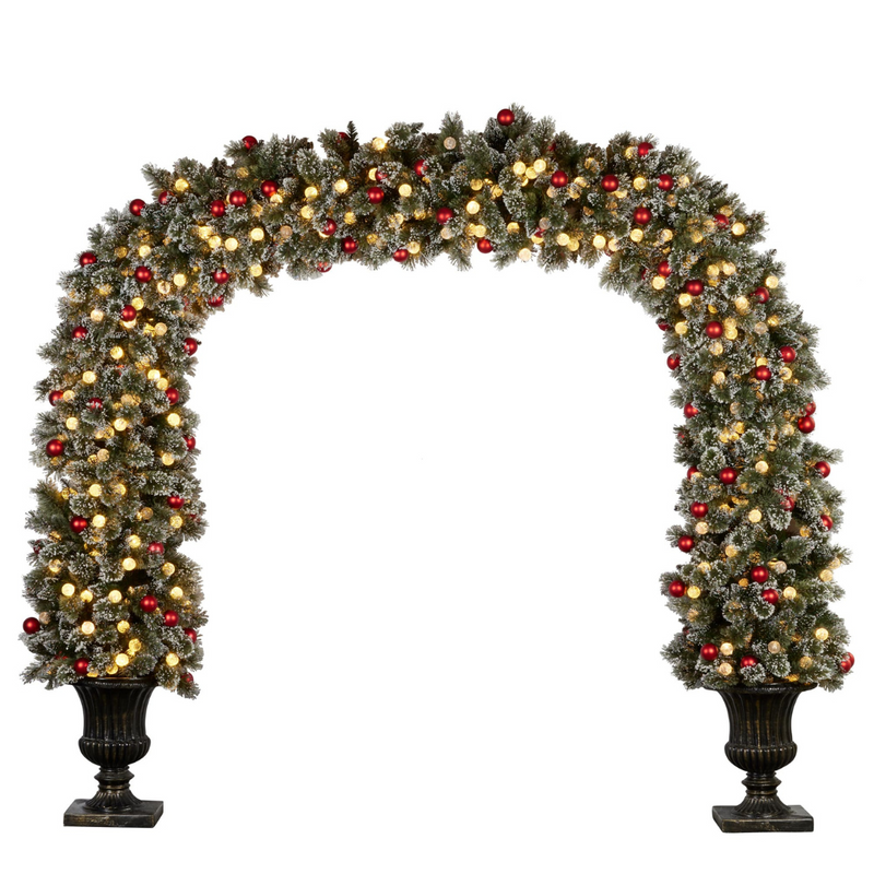 Snowy bristle Christmas archway 244cm with warm white lights for festive entrances and winter displays