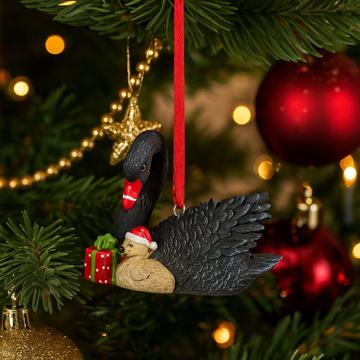 8cm Australian Christmas ornament featuring a black swan and baby cygnet in festive design