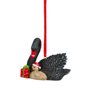 8cm Australian Christmas ornament featuring a black swan and baby cygnet in festive design