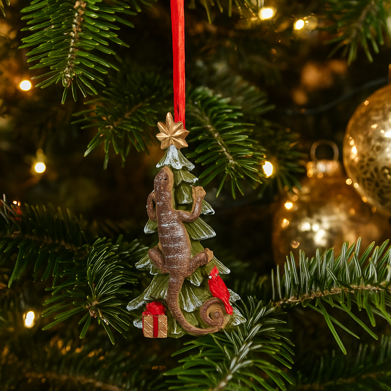 8cm Australian Christmas tree ornament featuring a festive goanna figure