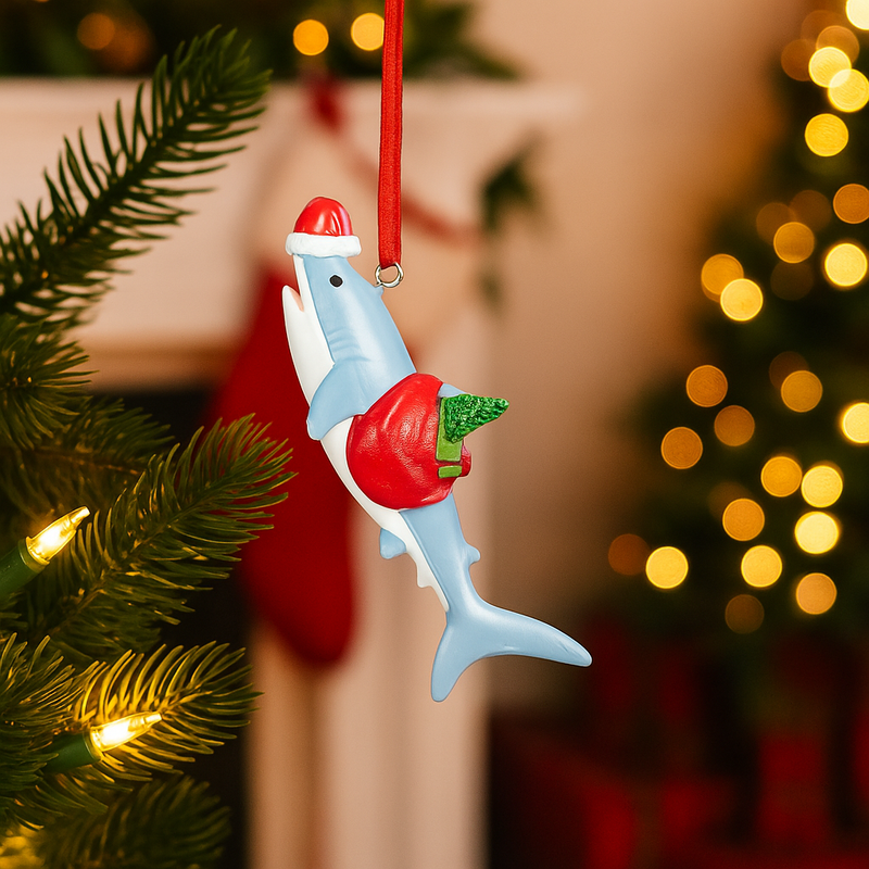 10cm Australian Christmas shark ornament with Santa hat, fun and festive beach-themed decoration for holiday trees