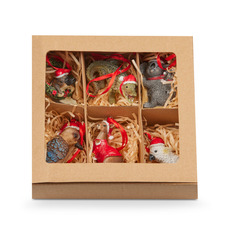 Set of Australian animal Christmas ornaments featuring festive koala, kangaroo, wombat, and more