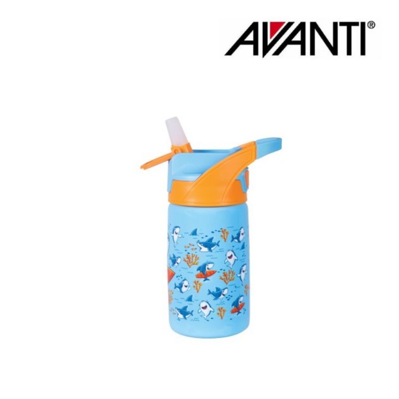 Avanti YumYum Kids AutoSpout Insulated Bottle 375ml Surfing Sharkie – insulated kids drink bottle with flip spout and surfing shark design