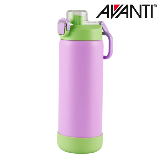 Avanti Yumyum 2 way drinking insulated bottle 550ml in purple and green, reusable kids drink bottle.