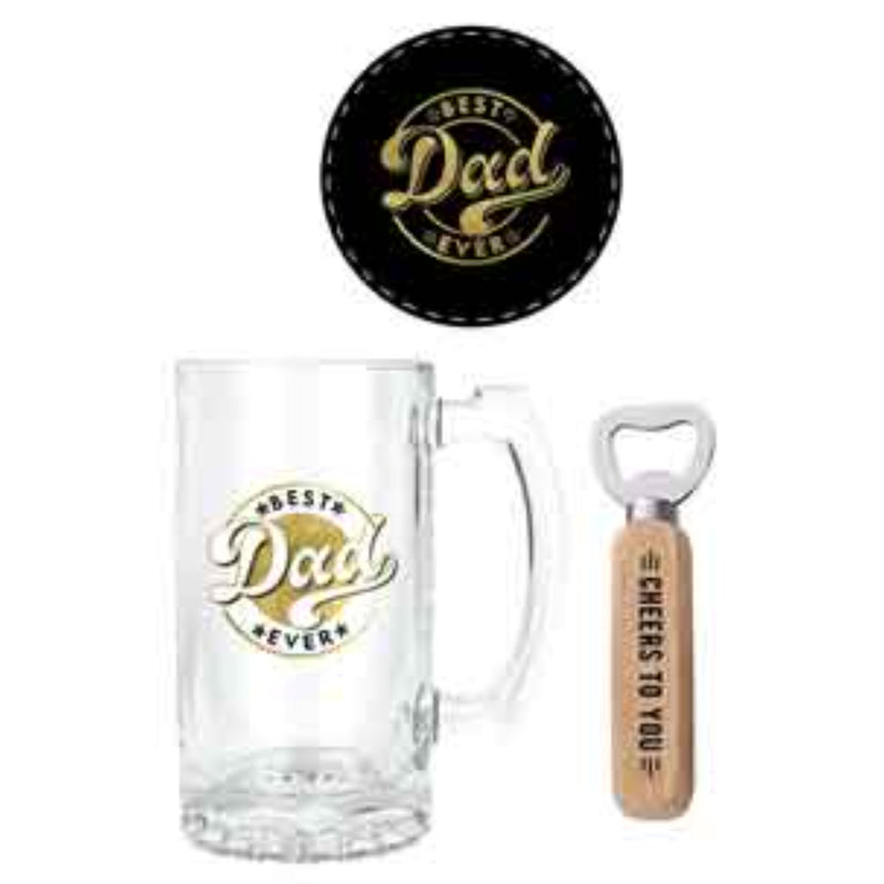 Best Dad Ever 3 Pc Wood Box Gift Set 490ml Stein Bott Opener Coaster image 2