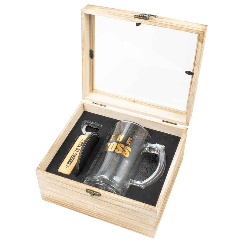 The Boss 490ml stein wood box gift set with bottle opener and coaster