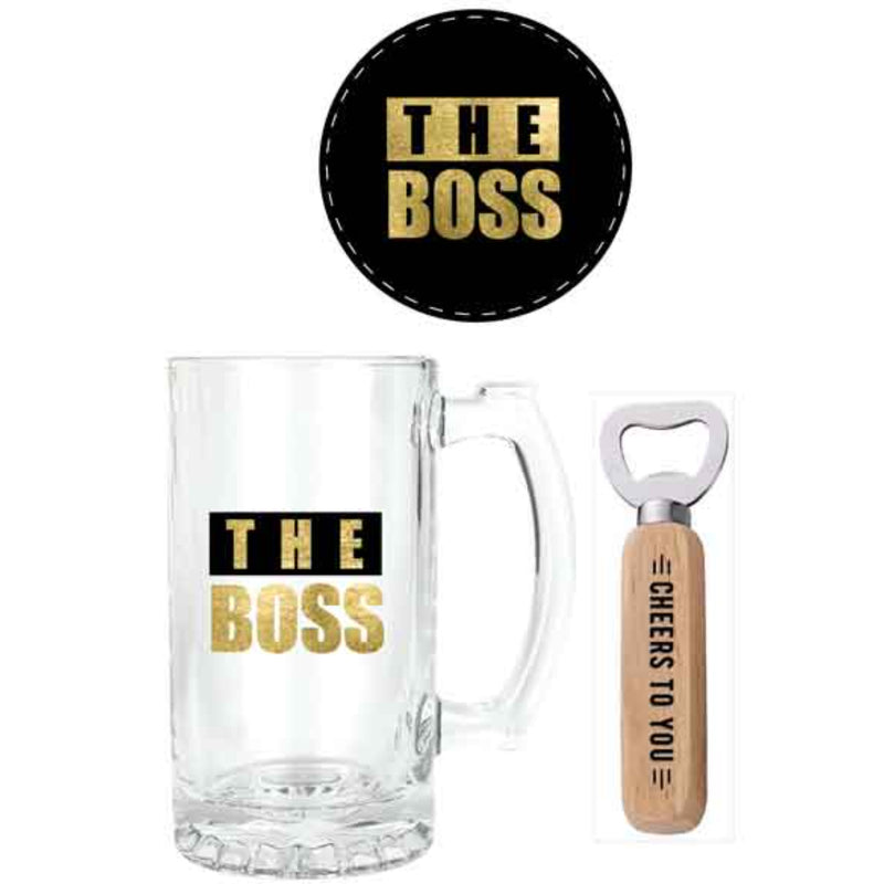 The Boss 3 Pc Wood Box Gift Set 490ml Stein Bott Opener Coaster image 2