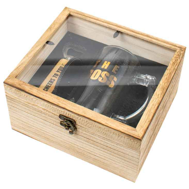 The Boss 3 Pc Wood Box Gift Set 490ml Stein Bott Opener Coaster image 3