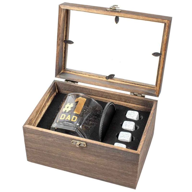 #1 Dad 270ml spirit glass wood box gift set with stones and coaster