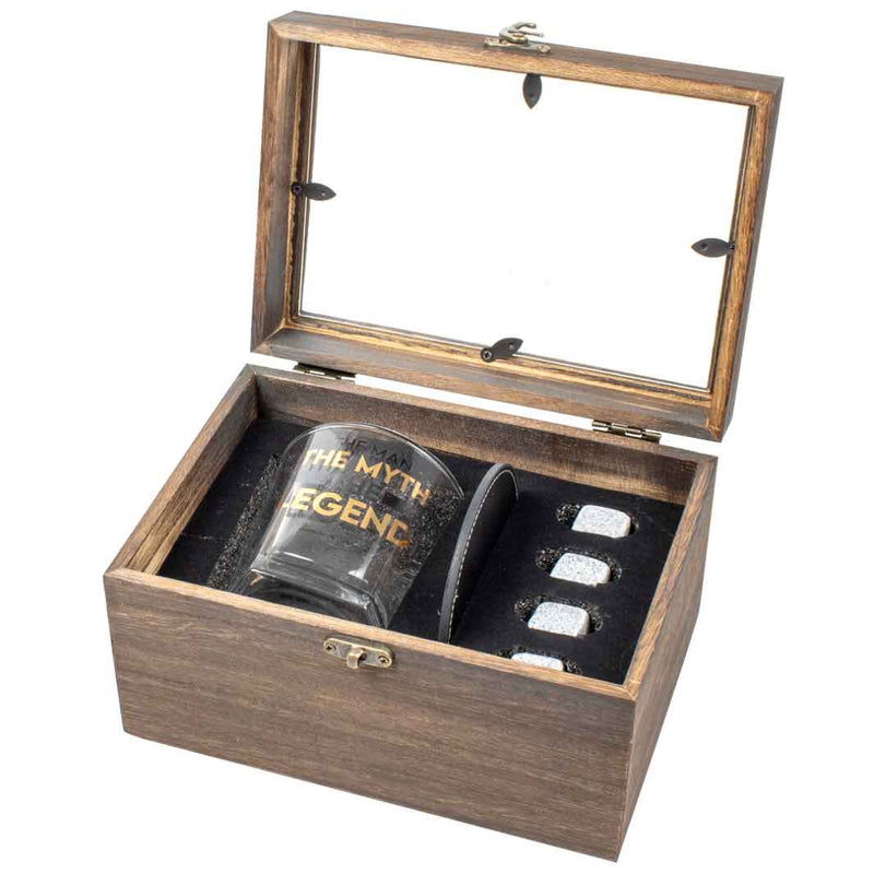 The Man The Myth Legend 270ml spirit glass wood box gift set with stones and coaster