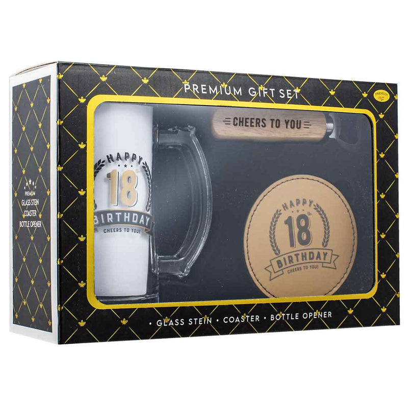 18th Birthday 490ml stein gift set with bottle opener and coaster