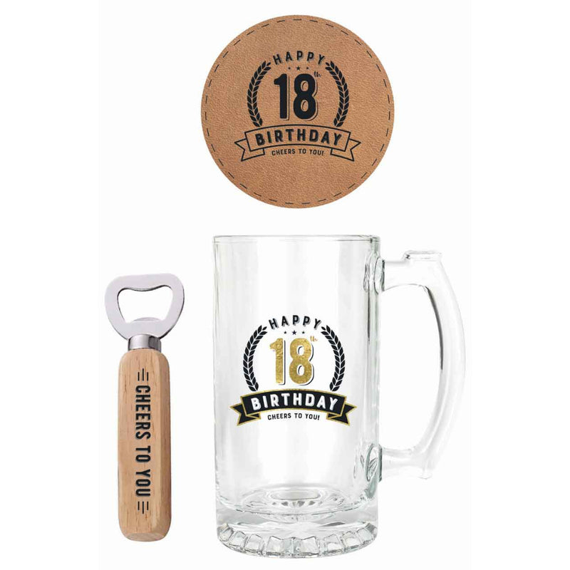 Happy 18Th Birthday 3 Pc Gift Set 490ml Stein Bottle Opener Coaster image 2