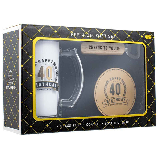 40th Birthday 490ml stein gift set with bottle opener and coaster