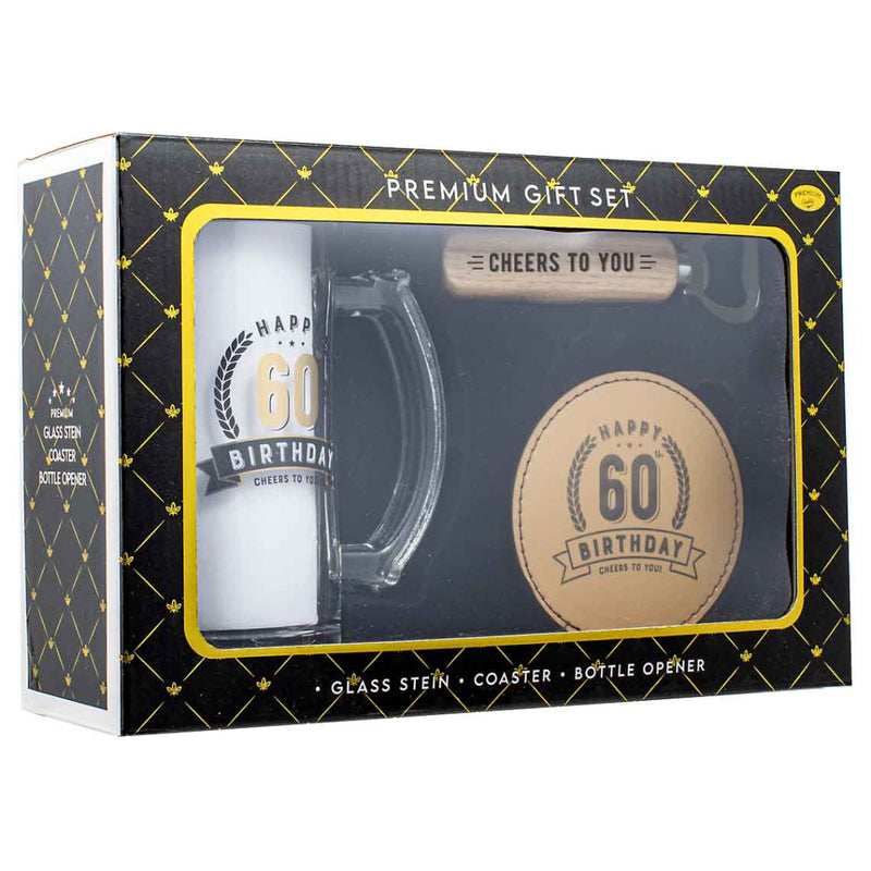 60th Birthday 490ml stein gift set with bottle opener and coaster