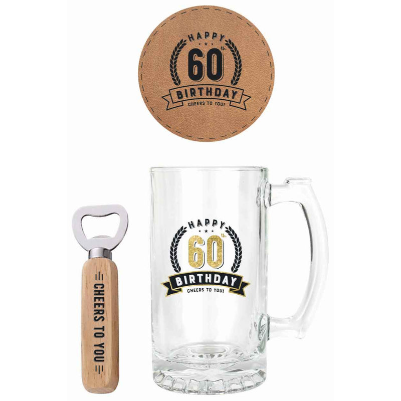 Happy 60Th Birthday 3 Pc Gift Set 490ml Stein Bottle Opener Coaster image 2