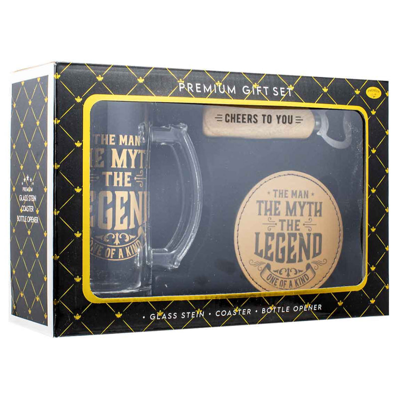 The Man The Myth 490ml stein gift set with bottle opener and coaster