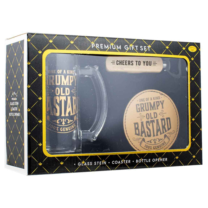 Grumpy Old B 490ml stein gift set with bottle opener and coaster