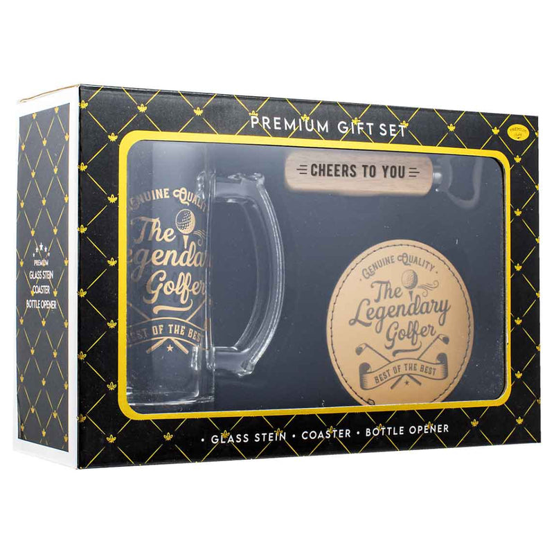 Golfer 490ml stein gift set with bottle opener and coaster