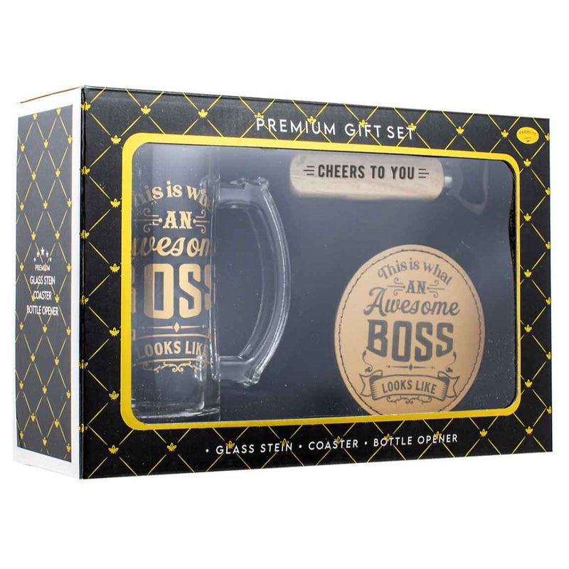 The Boss 490ml stein gift set with bottle opener and coaster