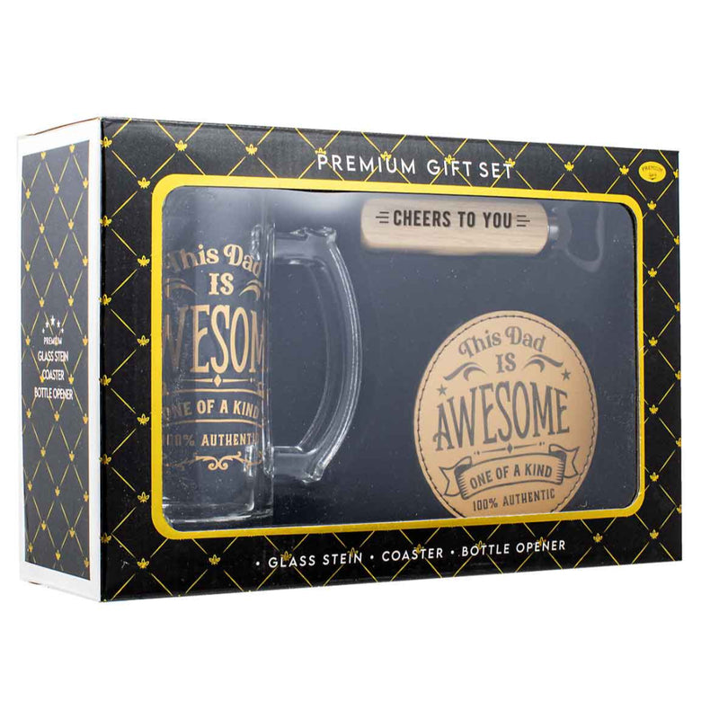 Dad 490ml stein gift set with bottle opener and coaster