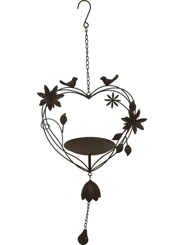 Hanging heart shaped bird bath with chime