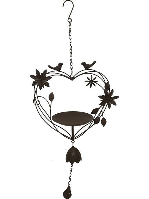 Hanging heart shaped bird bath with chime