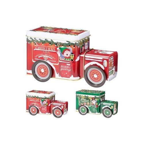 Two assorted 19 cm holiday storage tins